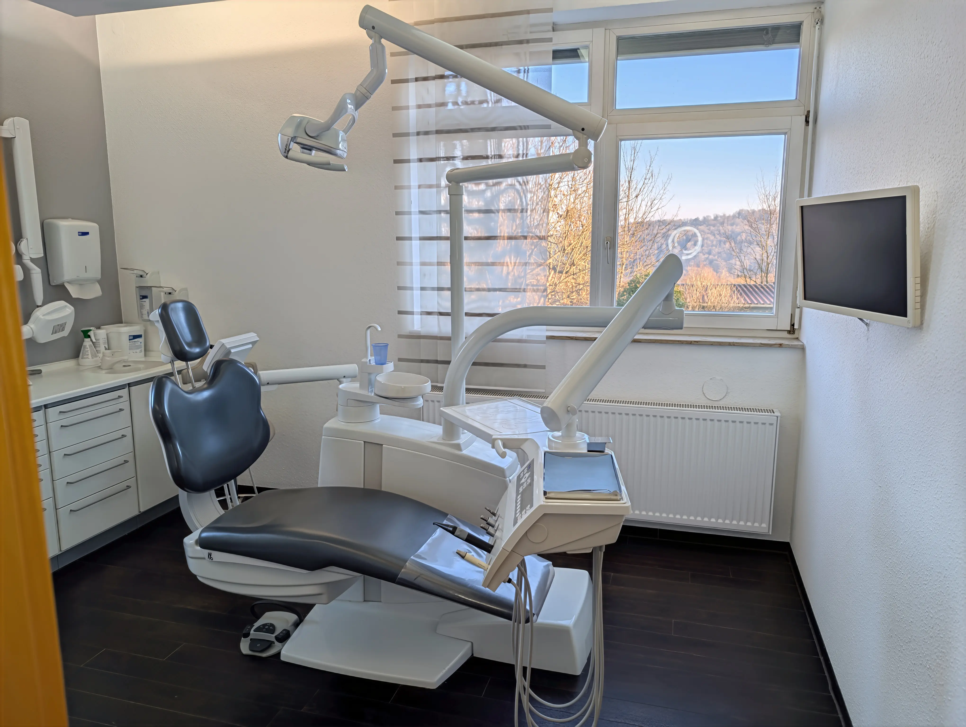Heller Behandlungsraum in der Zahnarztpraxis Dr. Brändle in Tübingen-Lustnau mit Blick ins Grüne